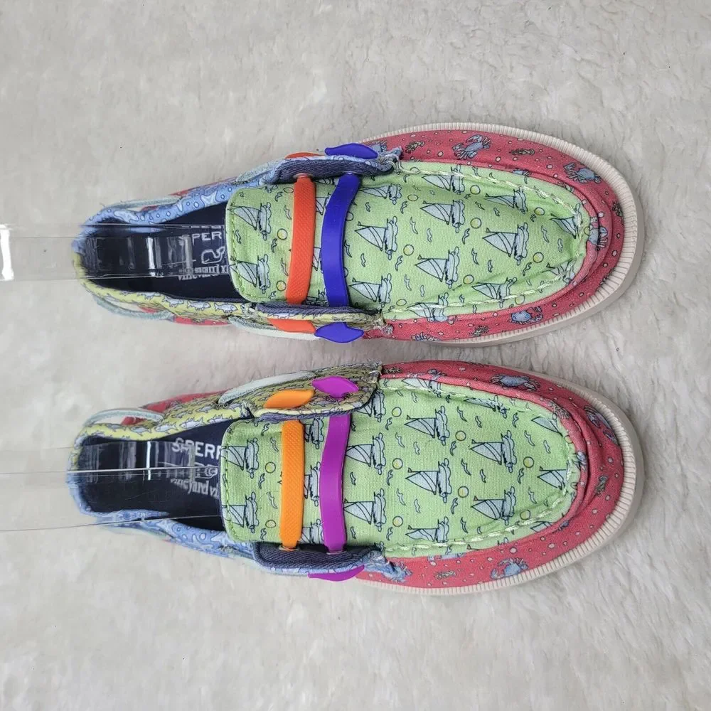 SPERRY X VINEYARD VINES AO PATCHWORK BOATS CRABS STARFISH SHOES GIRLS SIZE 2 NEW